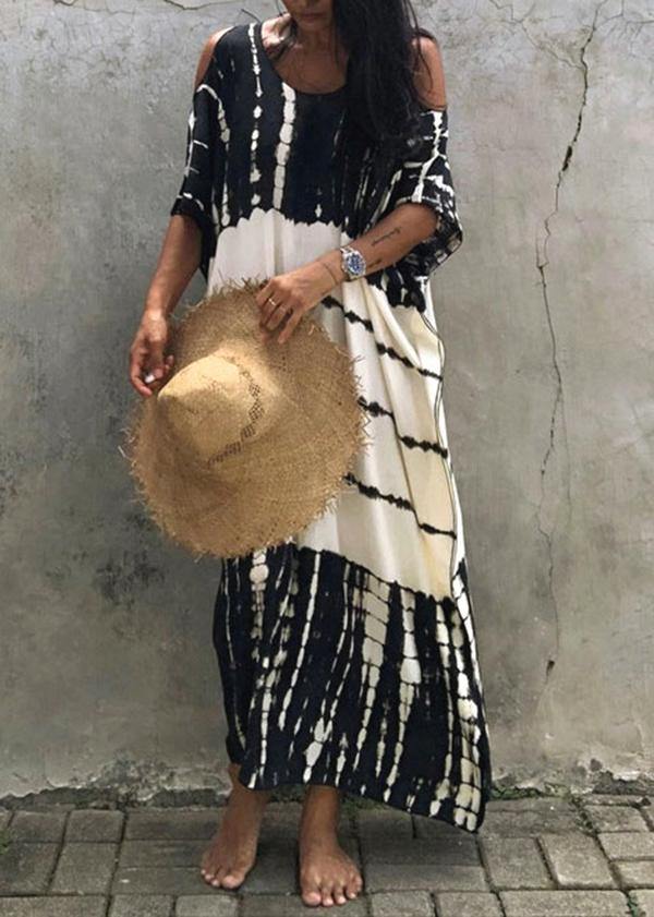 French Black White Tie Dye Cold Shoulder kimono Robe  Cotton Dress