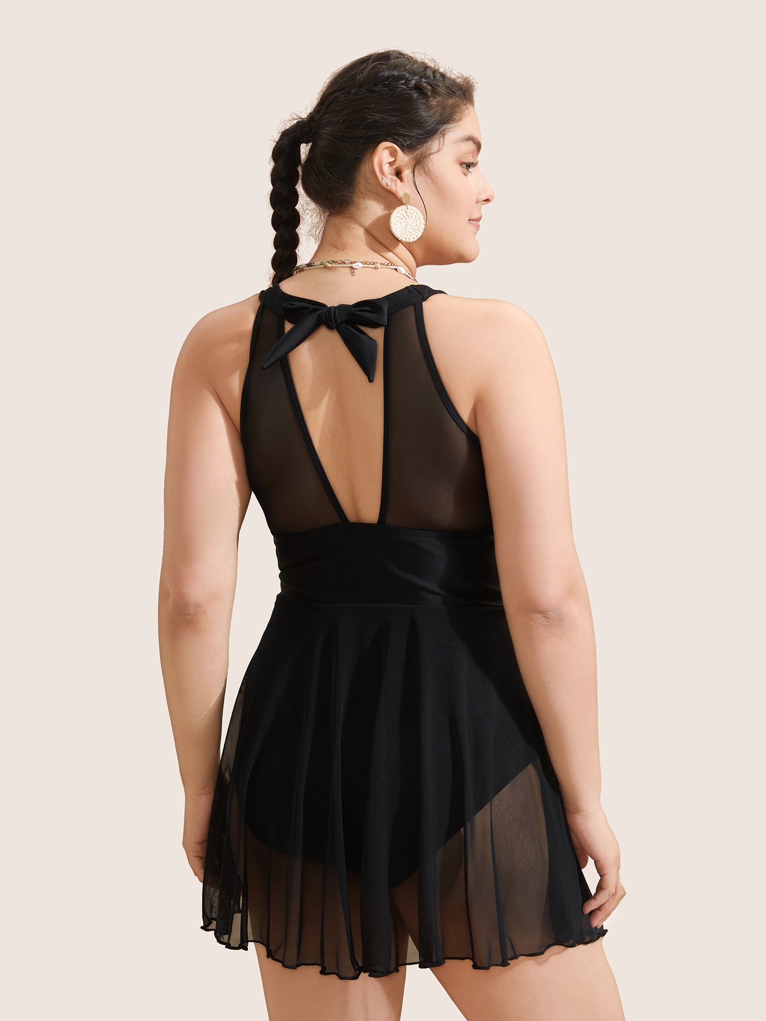 Knotted Back Mesh Insert Halter Swim Dress