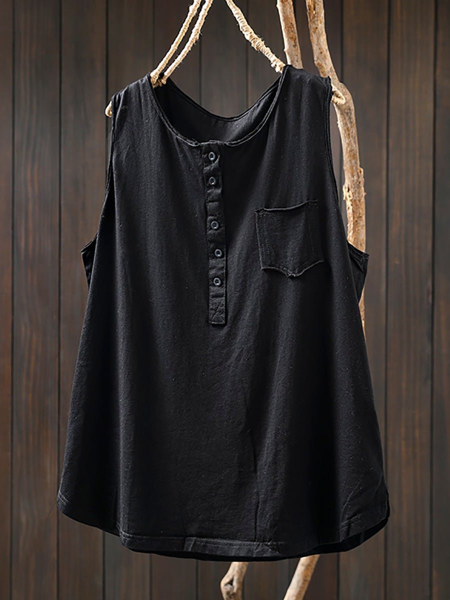 Women Summer Casual Pure Color O-Neck 100%Cotton Vest
