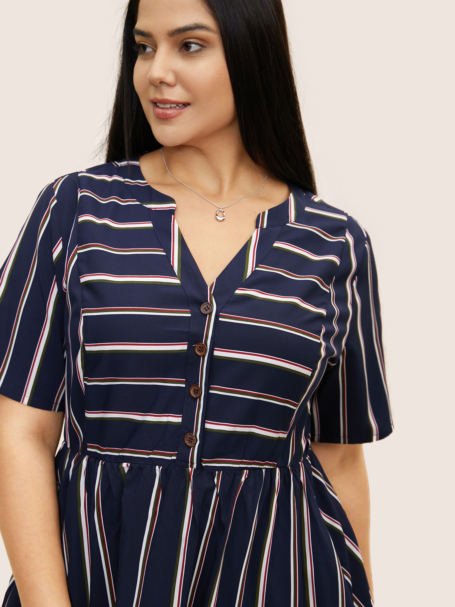 Notched Collar Striped Elastic Waist Midi Dress