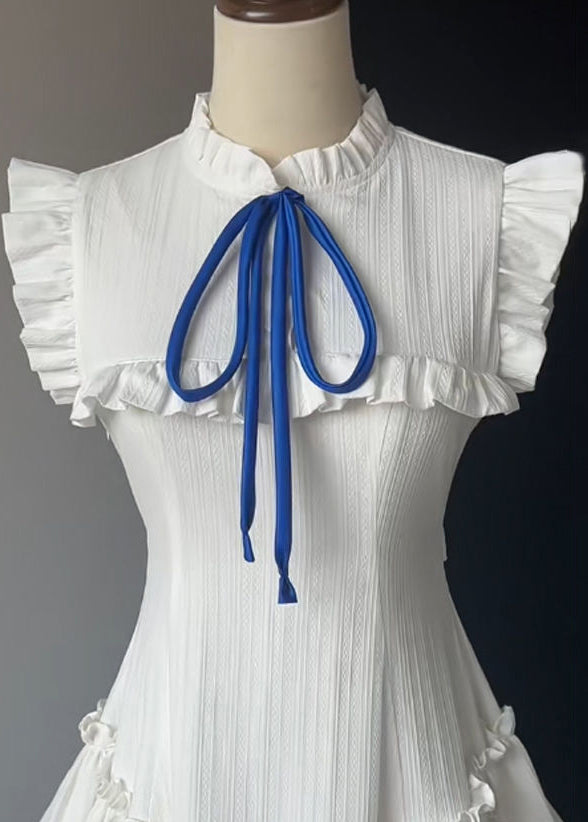 French White Ruffled Lace Up Solid Cotton Dress Sleeveless