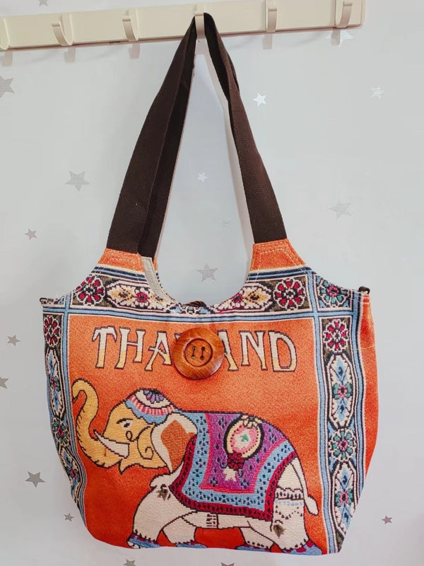 Women's Large Canvas Elephant Ethnic Style Square Zipper Shoulder Bag