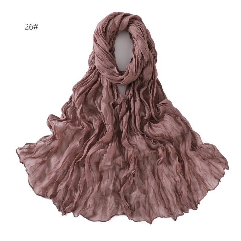 Spring And Autumn Pure Color Silk Yarn Twist Wrinkle Cotton And Linen Breathable Thin Scarf Female Cover Scarf In Stock