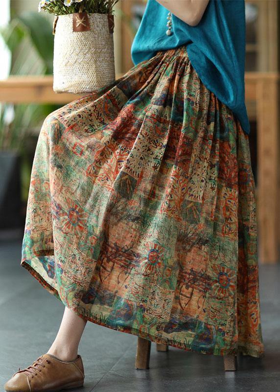 Women Navy Print Ramie Elastic Waist Skirt