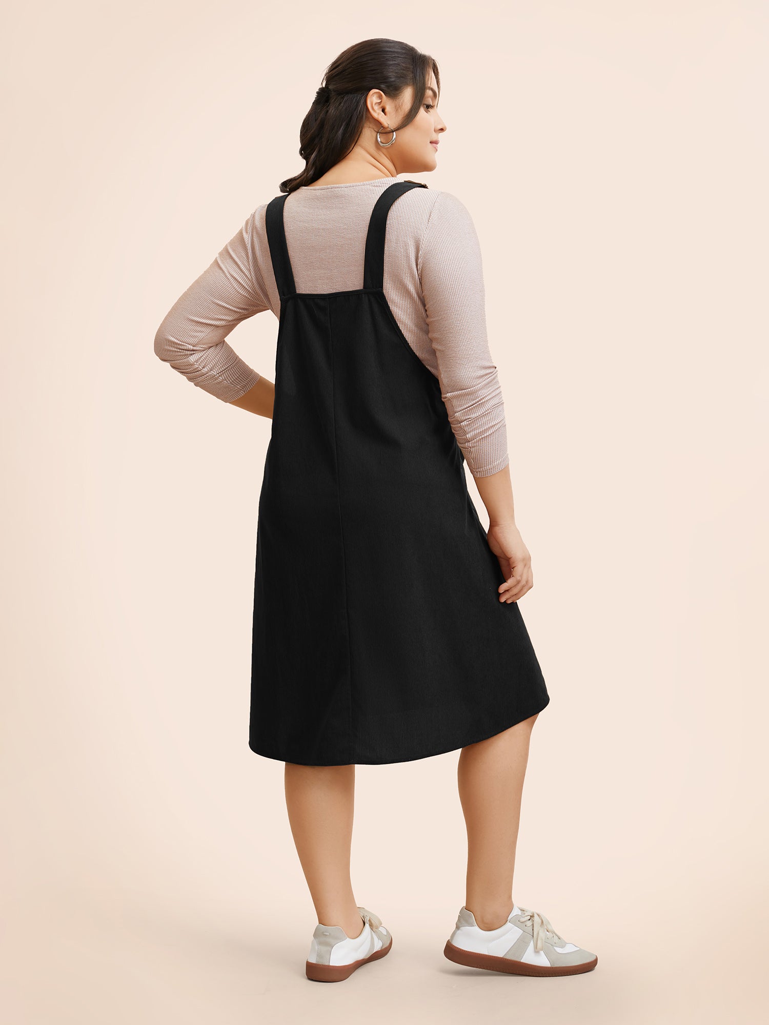 Solid Corduroy Pleated Overall Dress