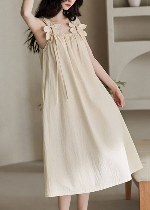 Elegant Beige Original Design Lace Up Cotton Long Dress Sleeveless
