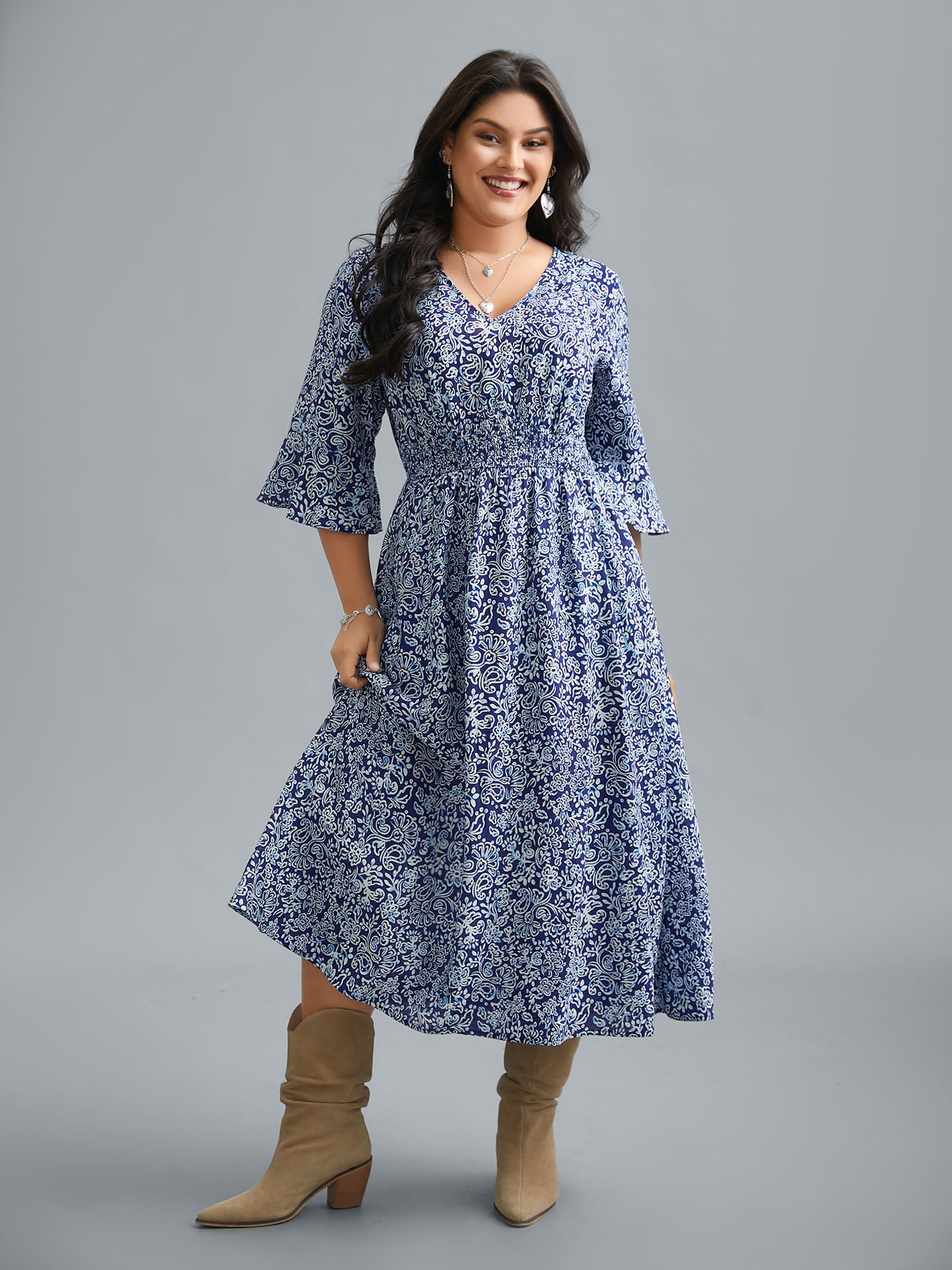 V-Neck Paisley Print Smocked Waist Dress