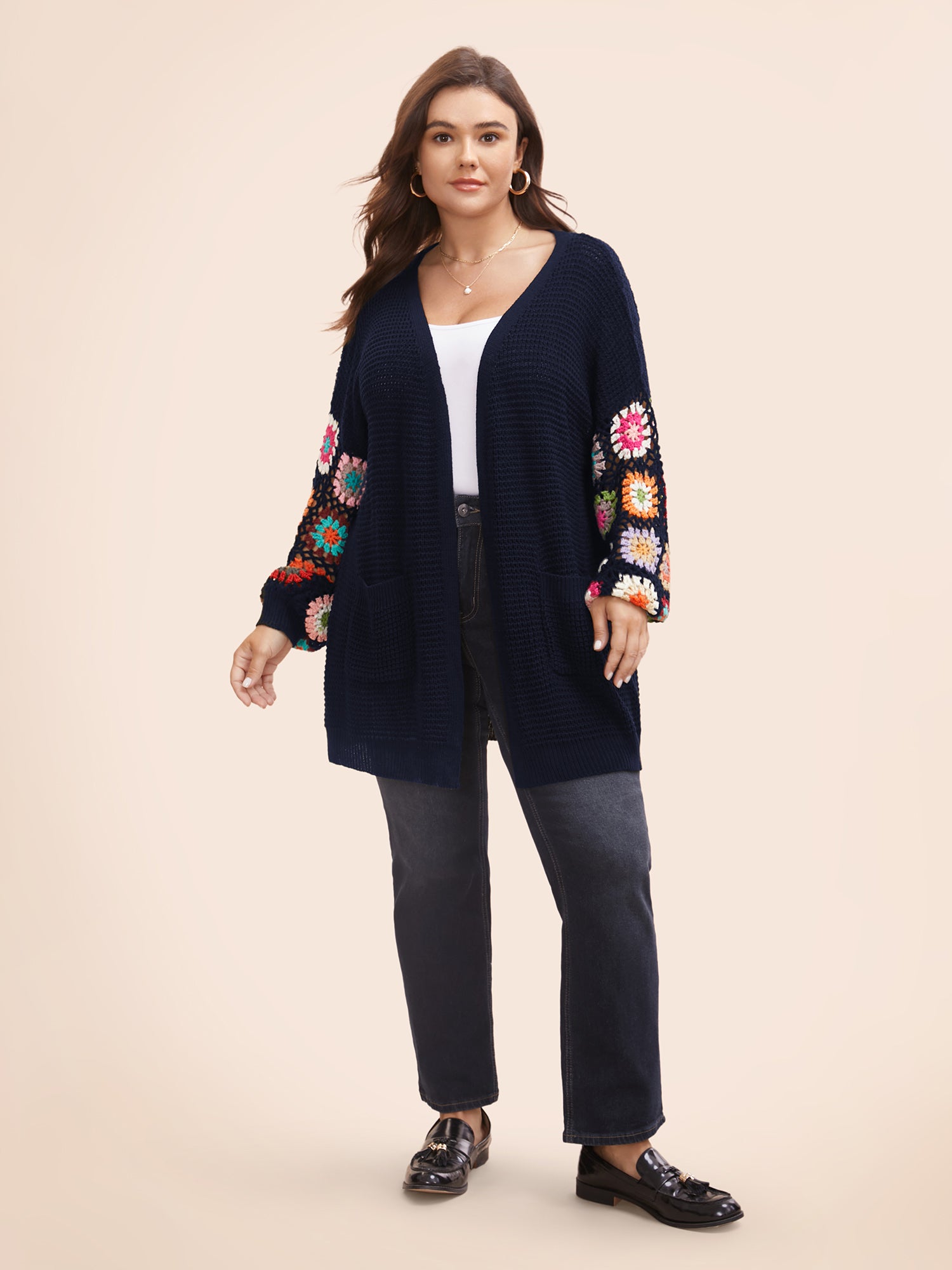 Crochet Floral Drop Shoulder Cut Out Cardigan