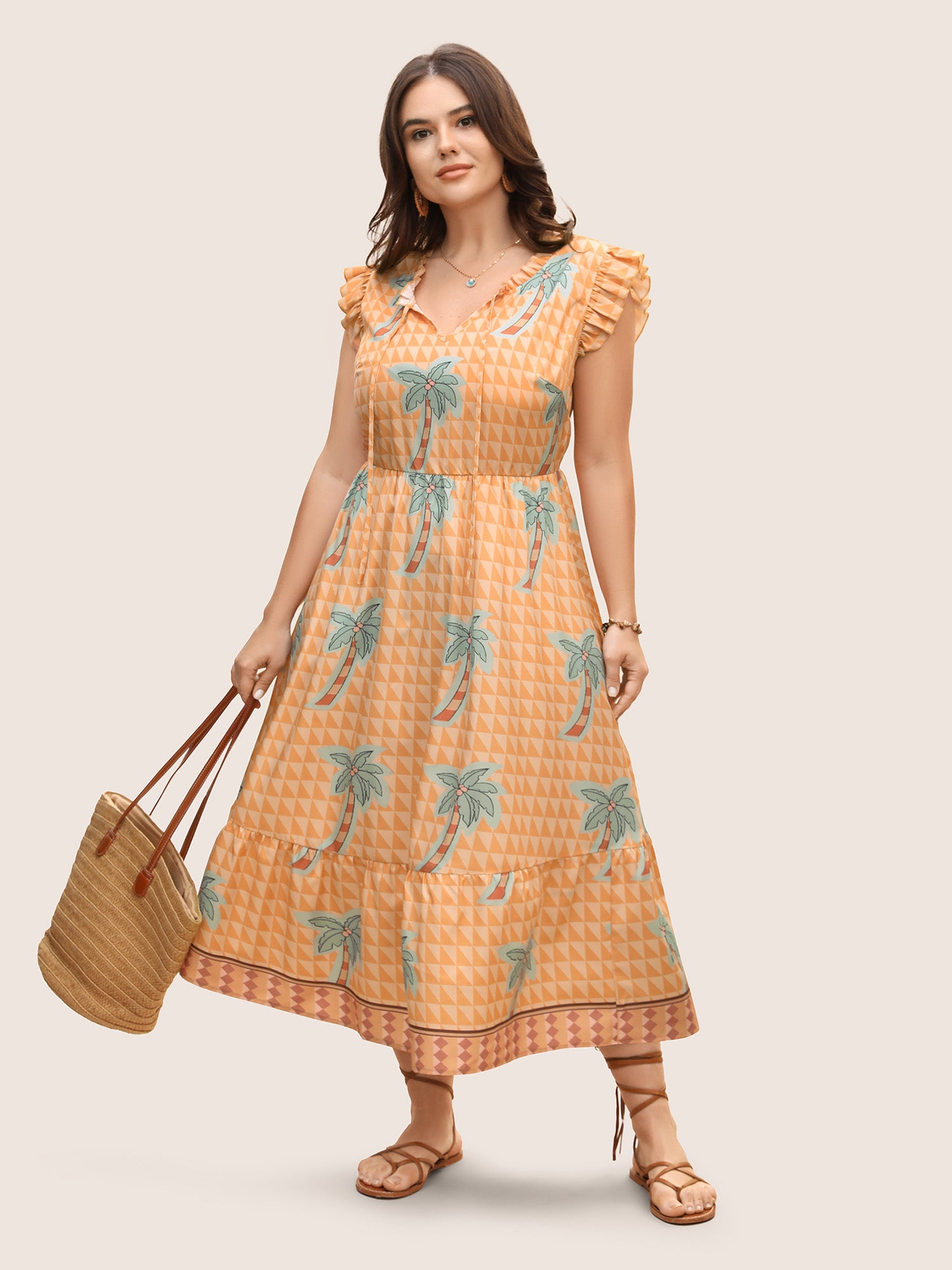 Tropical Print Tie Knot Ruffle Cap Sleeve Dress