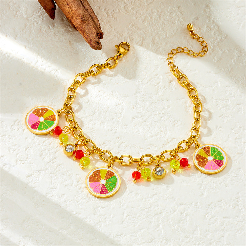 Fashion Small Fresh Cartoon Color Oil Drop Lemon Avocado Watermelon Pineapple Pendant Stainless Steel Bracelet