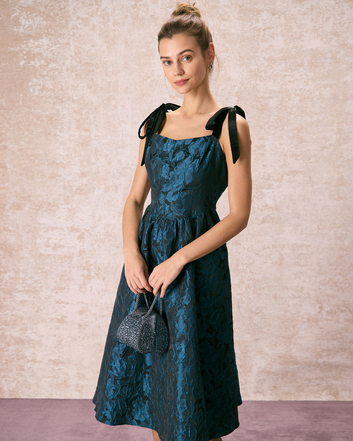 The Navy Tie Shoulder Jacquard Midi Dress