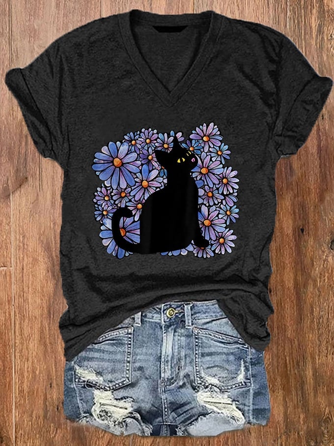 Women's Floral Black Cat Alzheimer's Awareness Print V-Neck T-Shirt