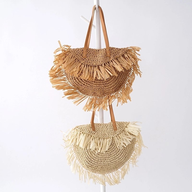 Women's Large Straw Solid Color Vacation Beach Weave Semicircle Zipper Straw Bag
