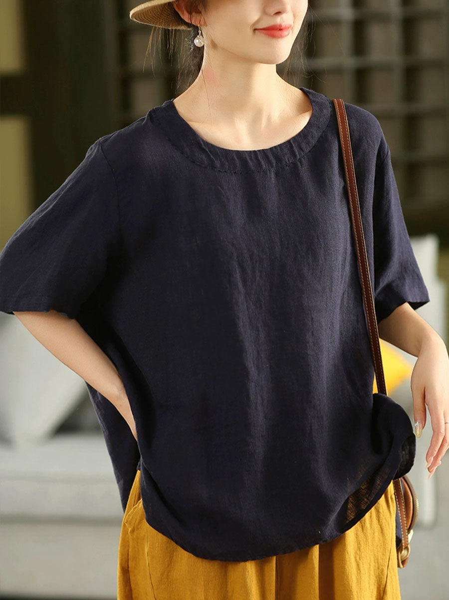Women Summer Retro Pure Color O-Neck 100%Linen Shirt
