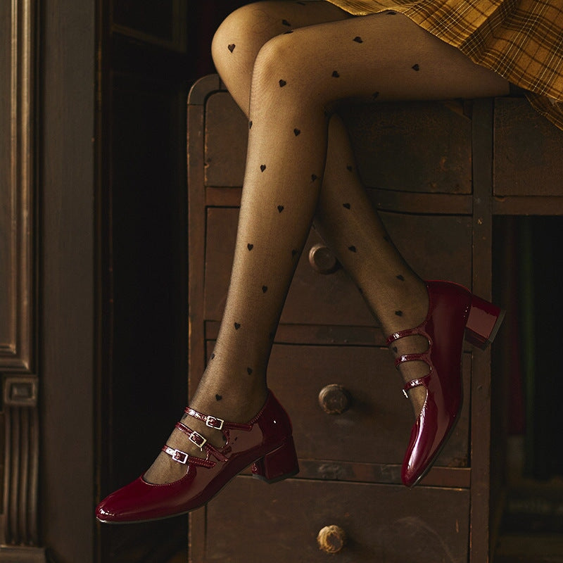 Patent Leather Mary Jane Pumps Triple-strap 40mm Block Heel in Red/Black/Wine Red
