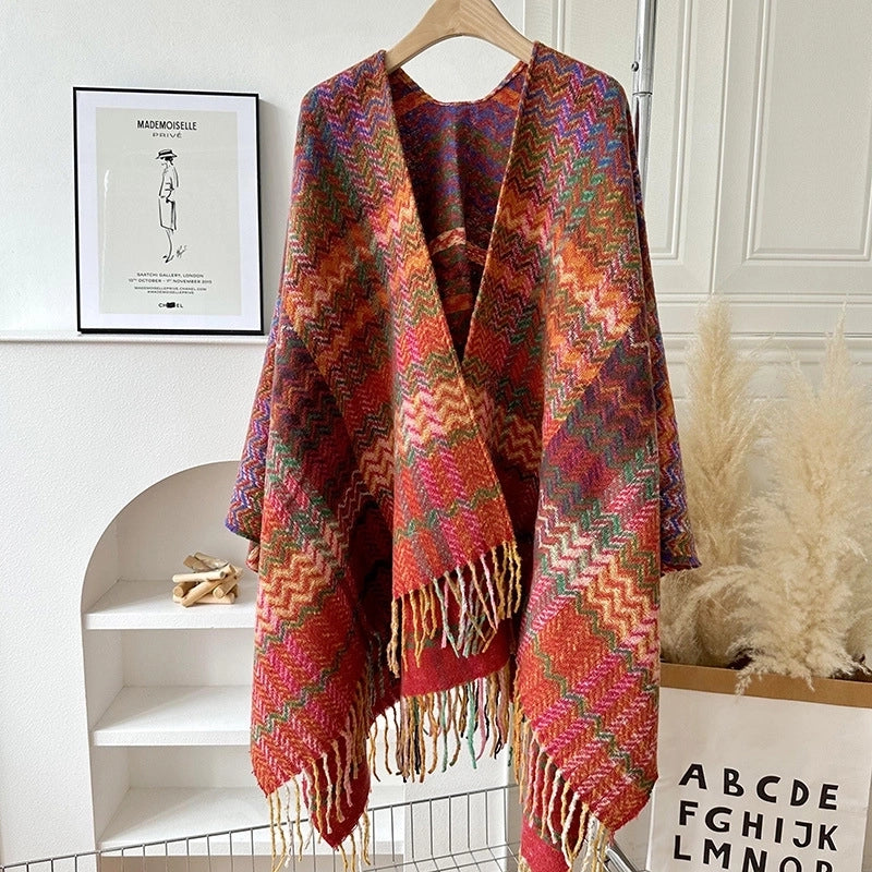 Travel Outside Knitted Shawl Ethnic Style Vintage Cape Cloak Tassel Scarf For Vacation Wear
