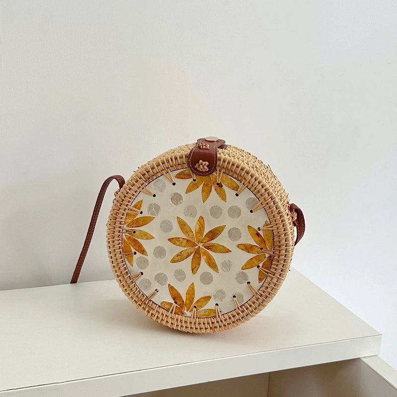 Women's Medium Rattan Floral Elegant Magnetic Buckle Dome Bag