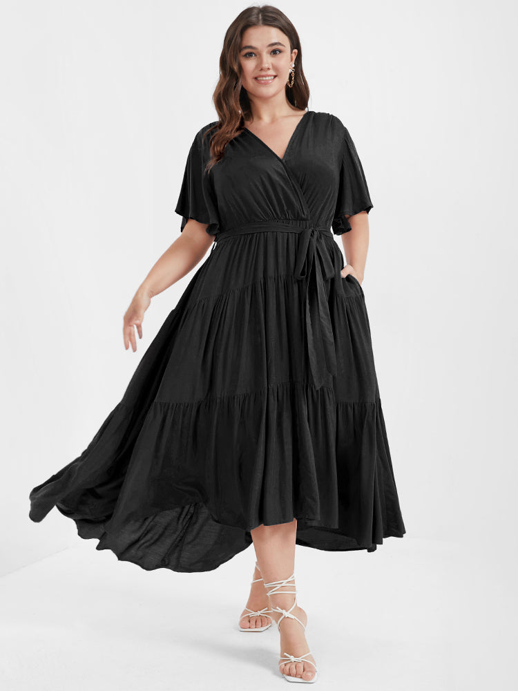 Solid Button Pocket Belted Ruffles Wrap Midi Dress