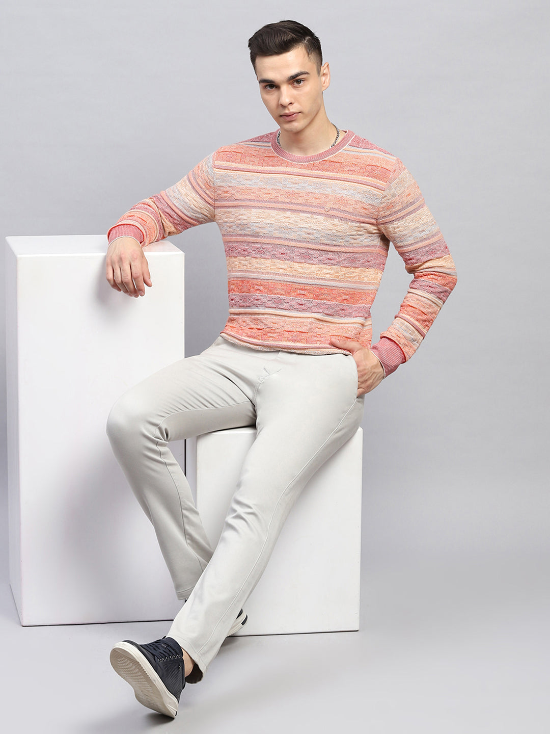 Men Pink Stripe Round Neck Full Sleeve Pullover