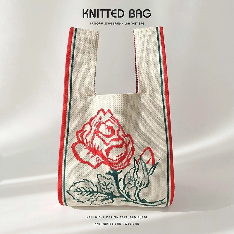 Women's Medium Knit Letter Flower Cute Vintage Style Square Open Handbag