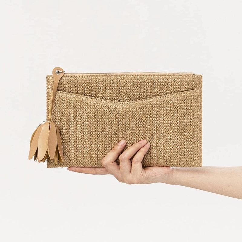Women's Small Straw Solid Color Vacation Classic Style Weave Square Zipper Clutch Bag