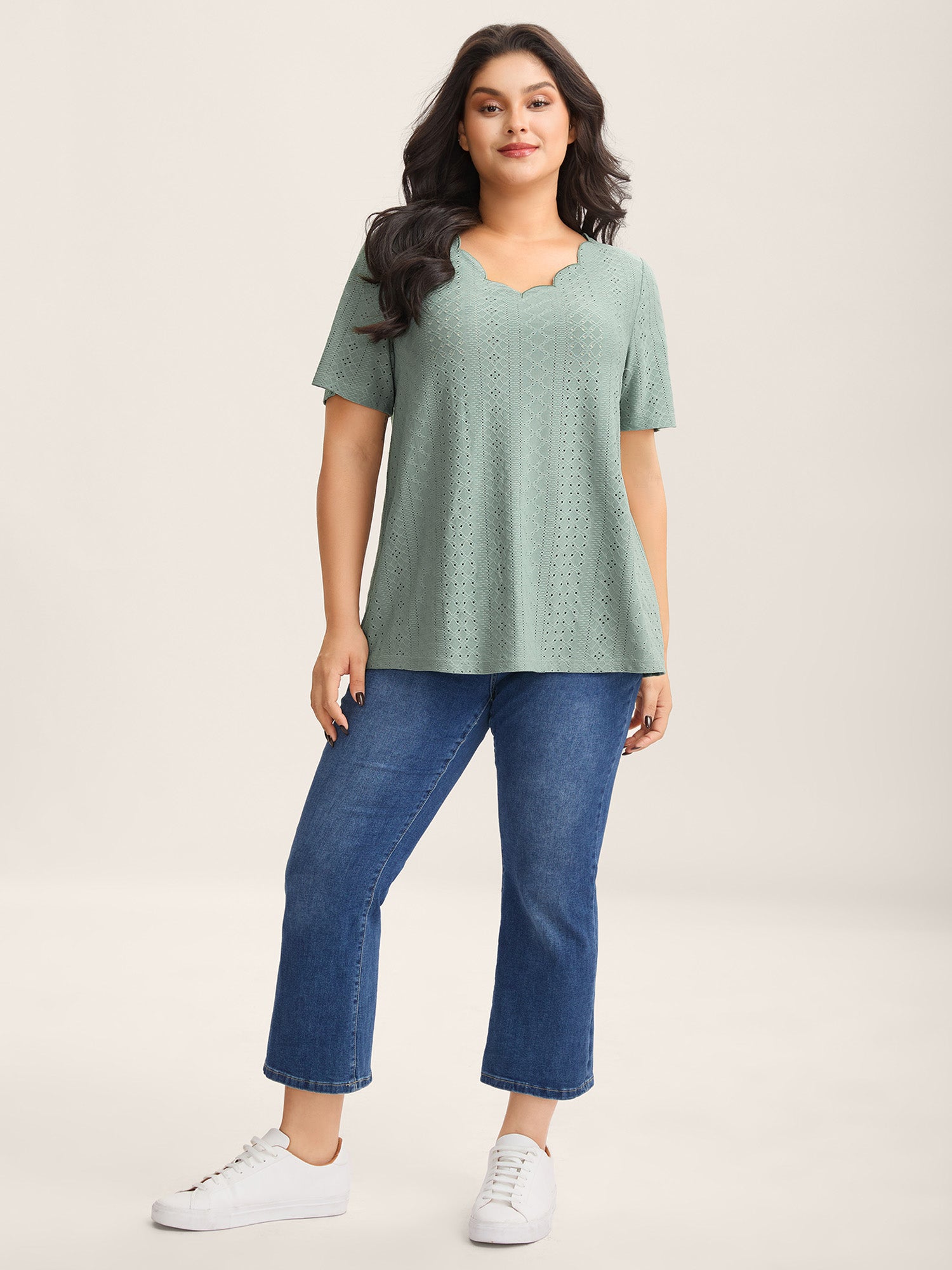 Eyelet Trim Scalloped Neck Stretchy T-Shirt