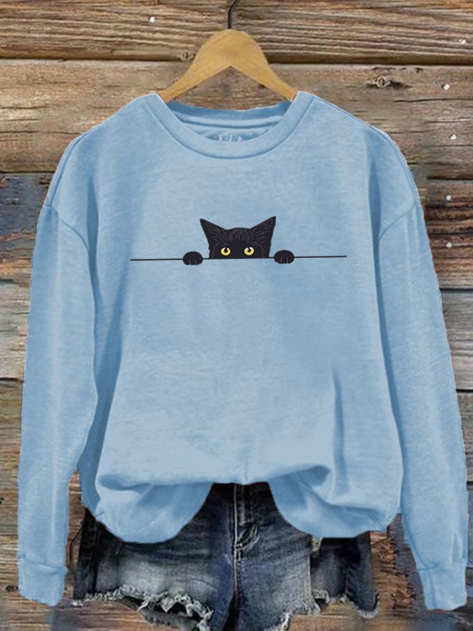 Women's Black Cat Print Crew Neck Sweatshirt