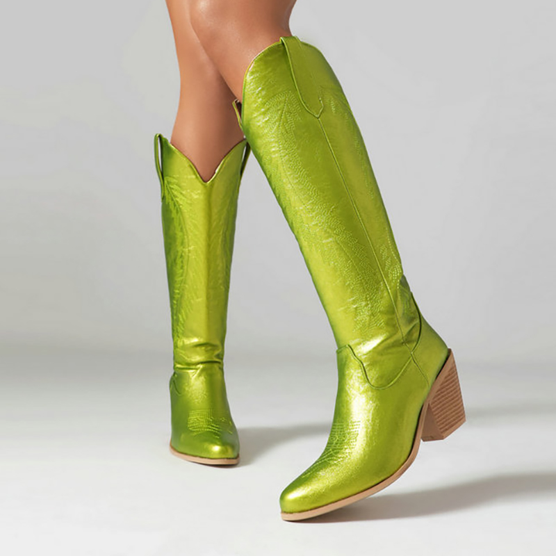 Metallic Sheen Jacquard V Groove Chunky Heels Knee High Boots