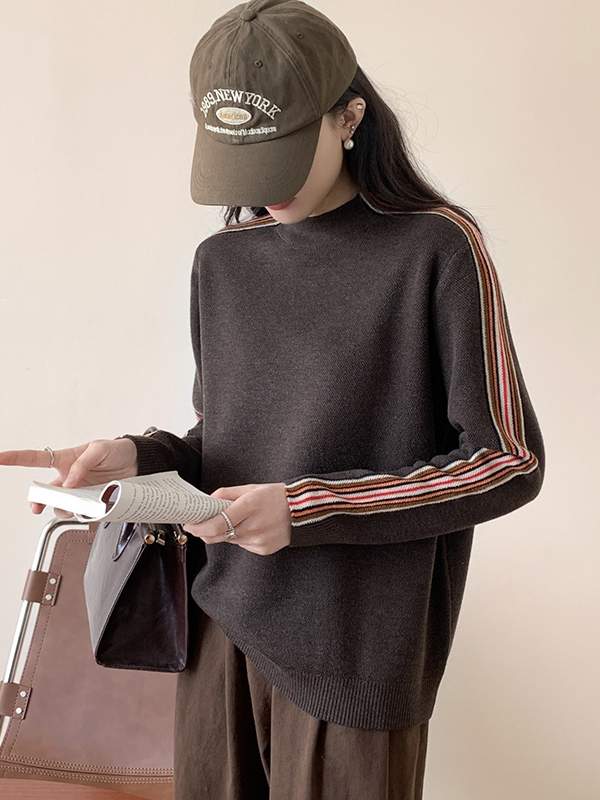 Long Sleeves Loose Contrast Color Striped Mock Neck Pullovers Sweater Tops