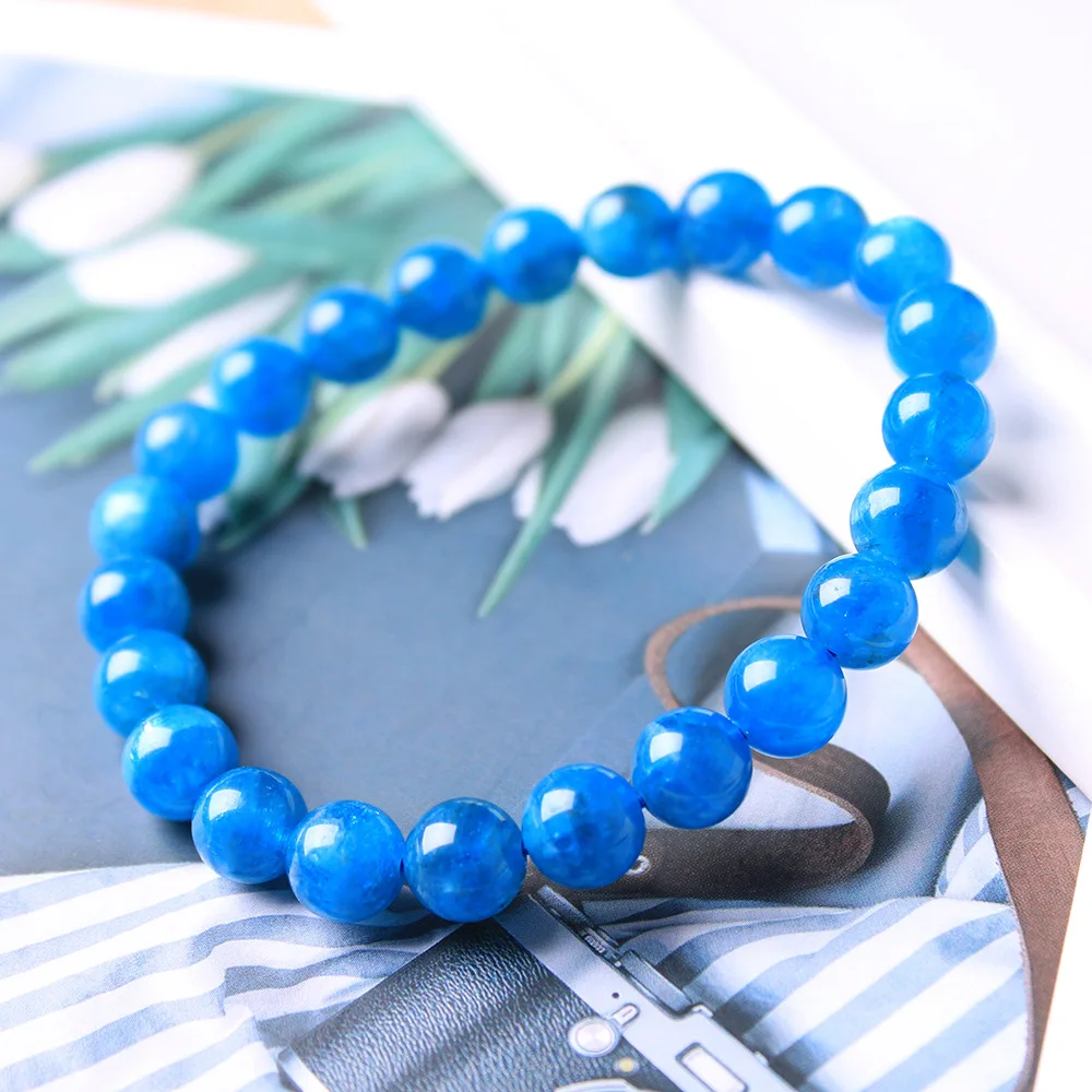 Natural stone blue apatite gemstone Beaded Elastic bracelet fashion jewelry For men and women