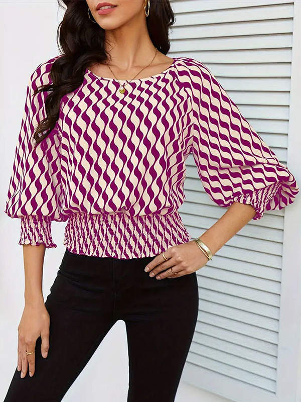 Loose Puff Sleeves Elasticity Printed Split-Joint Round-Neck Blouses&Shirts Tops
