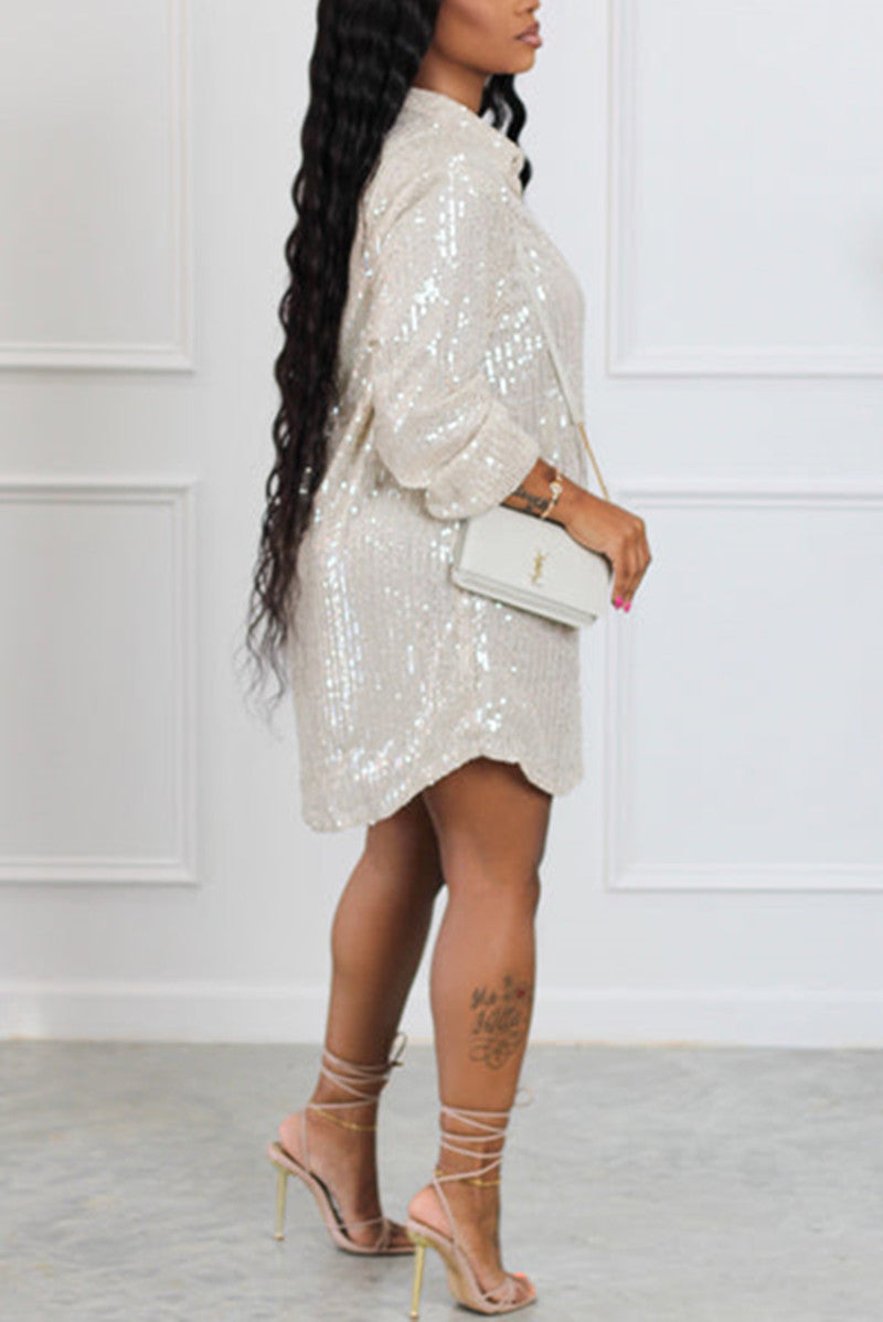 Sexy Casual Solid Sequins Shirt Collar Shirt Dress Dresses