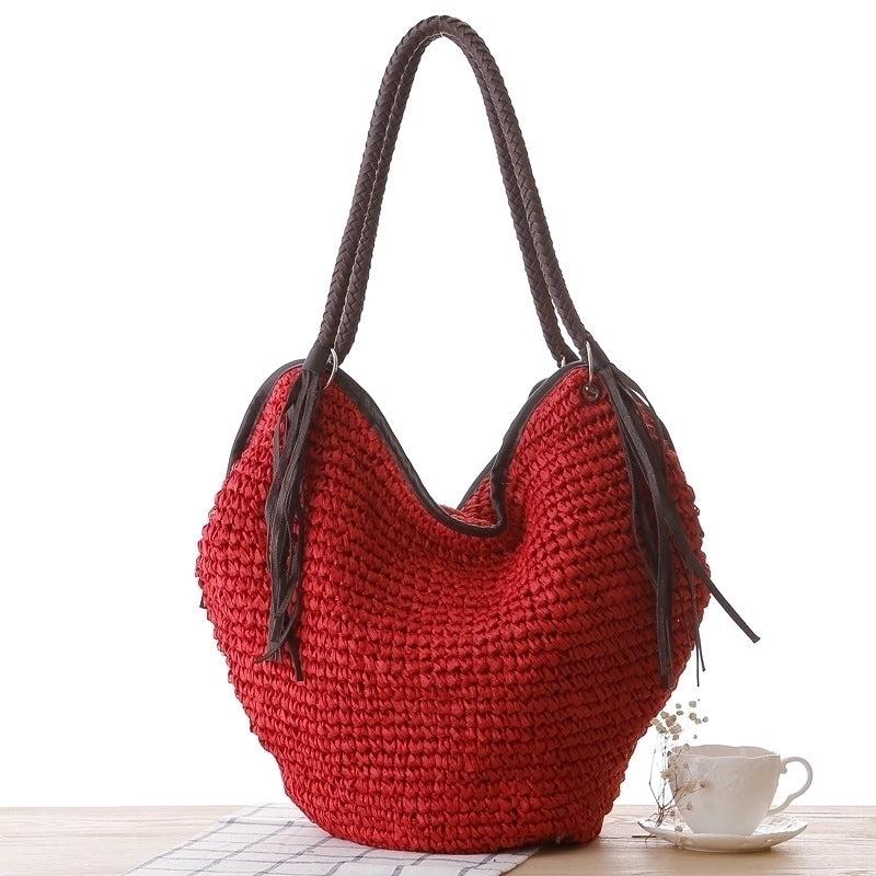 New Straw Simple Braided Tassel Shoulder Beach Bucket Women's Bag38*30*20cm