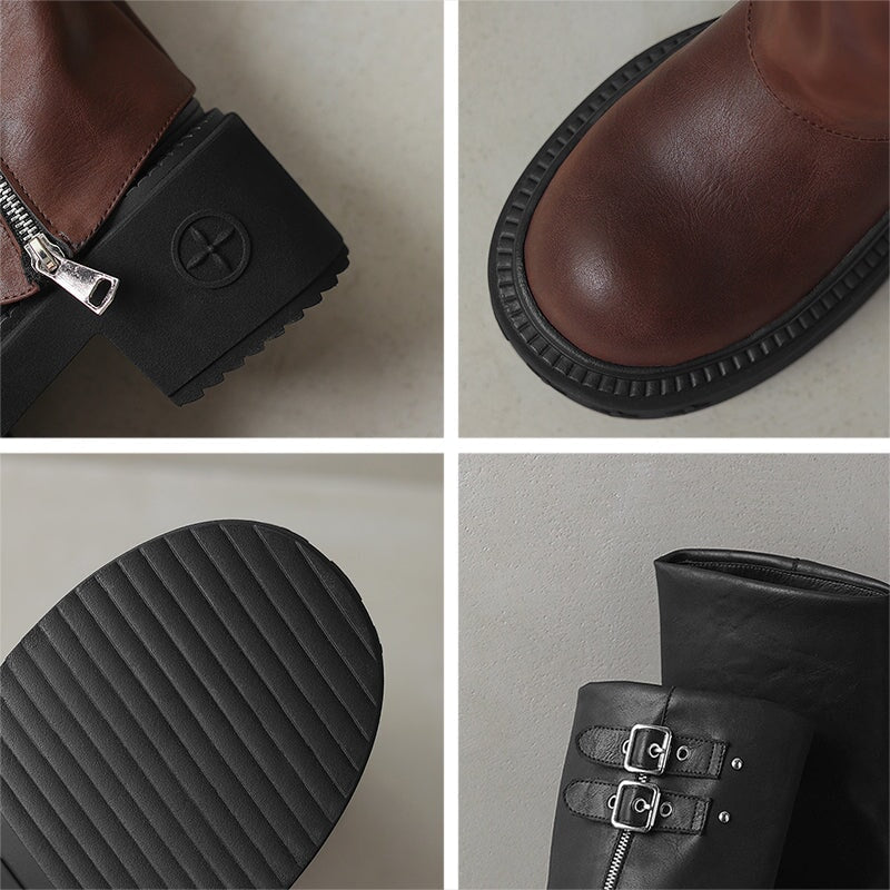 Women's Round Toe Folded Leather High-Calf Boots With Double Buckle in Black/Dark Brown