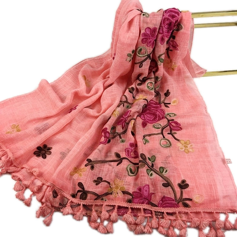 Women's Minimalist Leaves Solid Color Flower Cotton And Linen Embroidery Tassel Scarf Shawl