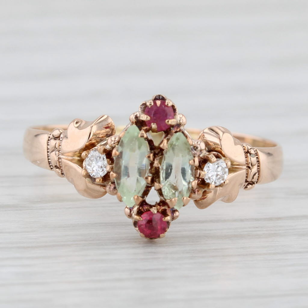 Victorian Diamond Garnet Ruby Ring 10k Rose Gold Size 7.75 Antique