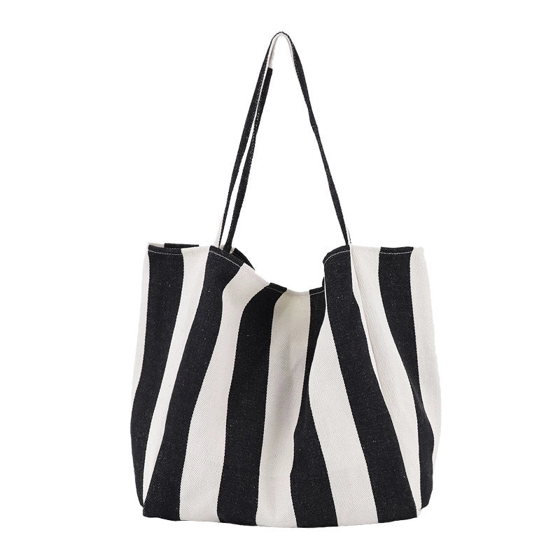 Women's Large Canvas Stripe Basic Classic Style Open Canvas Bag