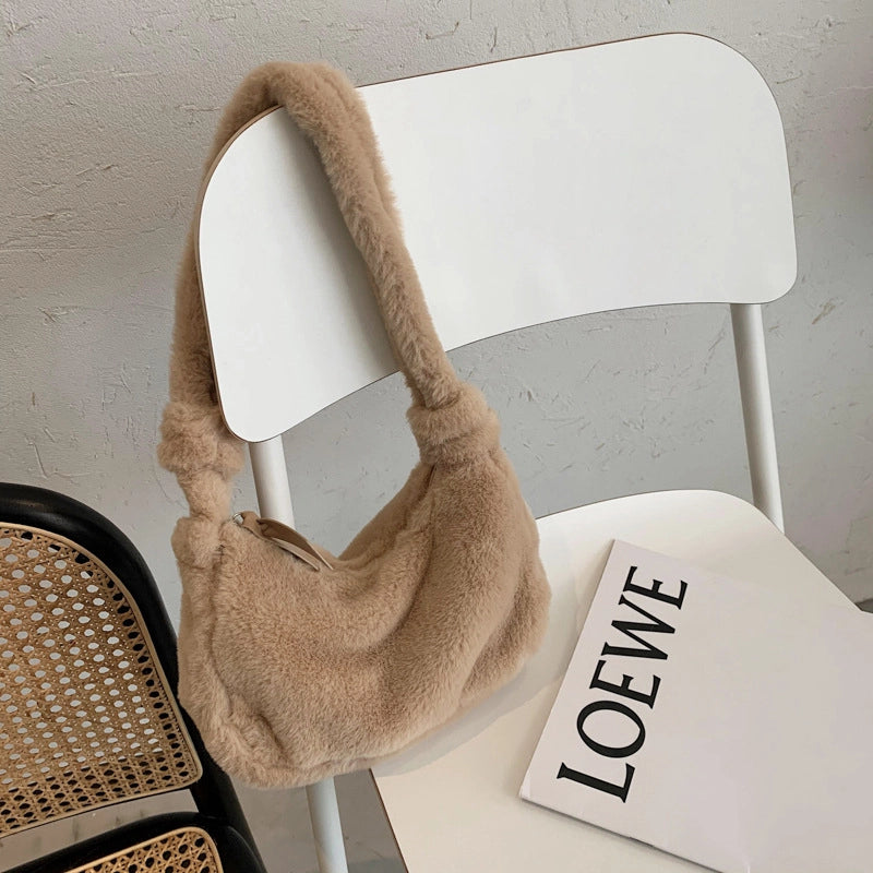 Korean Style Autumn And Winter Mao Solid Color Mini Bag Casual Fashion Internet Popular Underarm Women's Bag Fashionable Western Style Plush Handbag