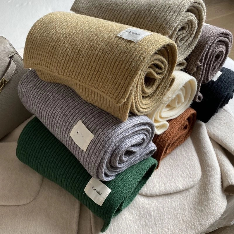 Solid Color Knitted Scarf Women's Autumn And Winter  Student Wool Warm Thickened Scarf Couple Trendy Men Couple