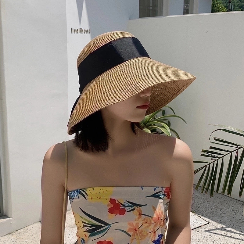 Women's Vacation Solid Color Bowknot Big Eaves Straw Hat