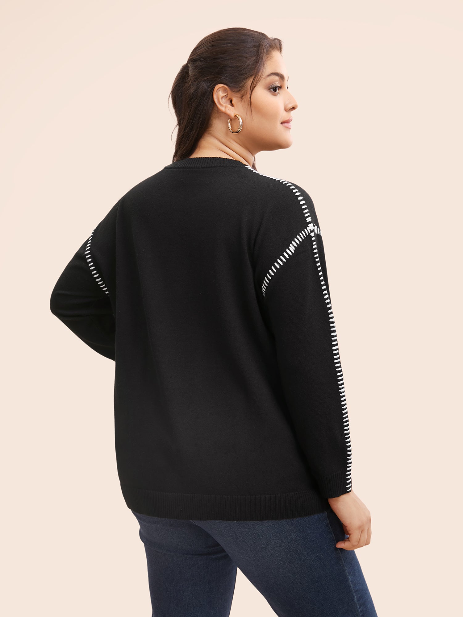 Crew Neck Contrast Trim Drop Shoulder Pullover