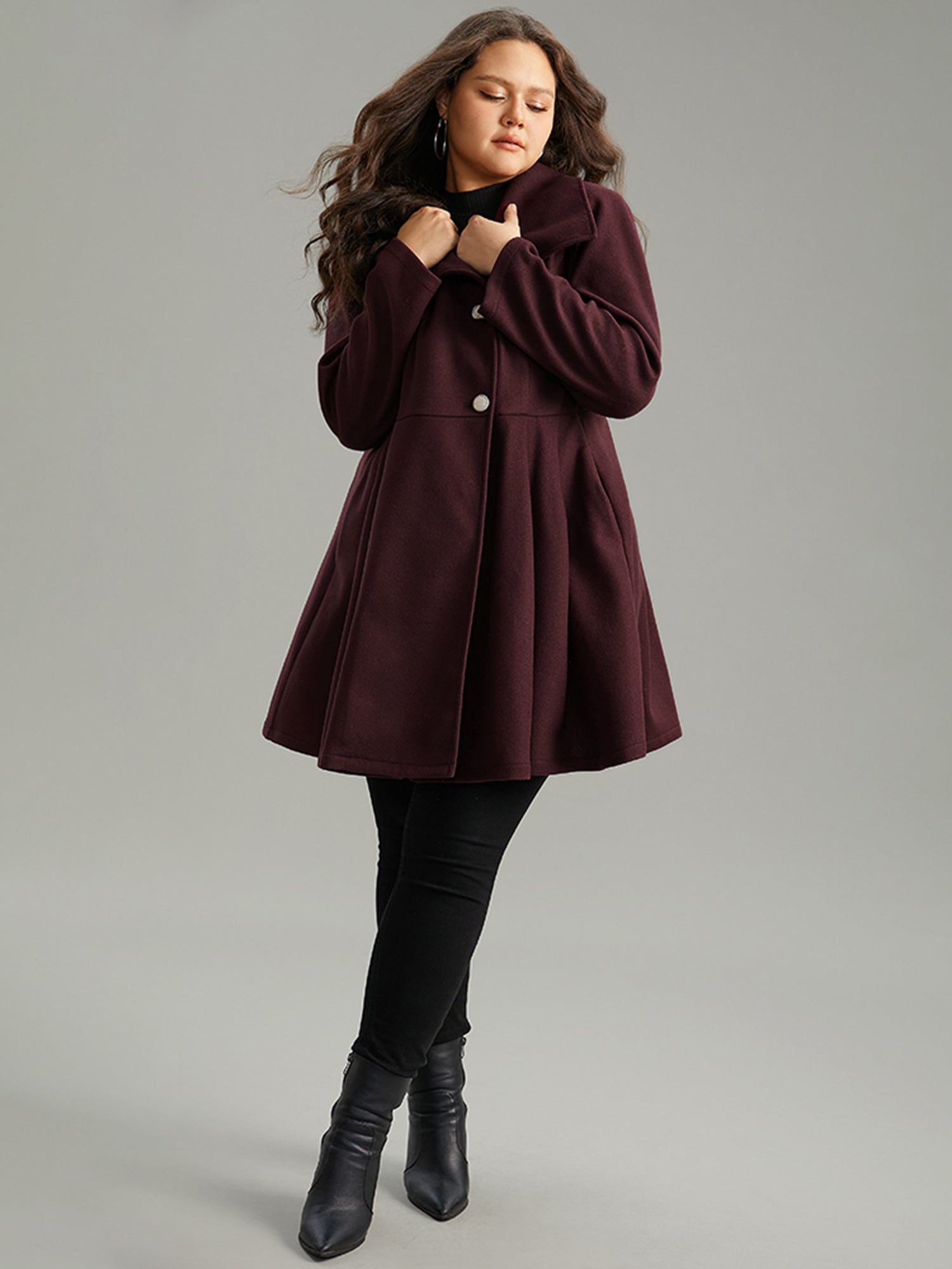 Plain Button Up Pocket Asymmetrical Lapel Collar Coat