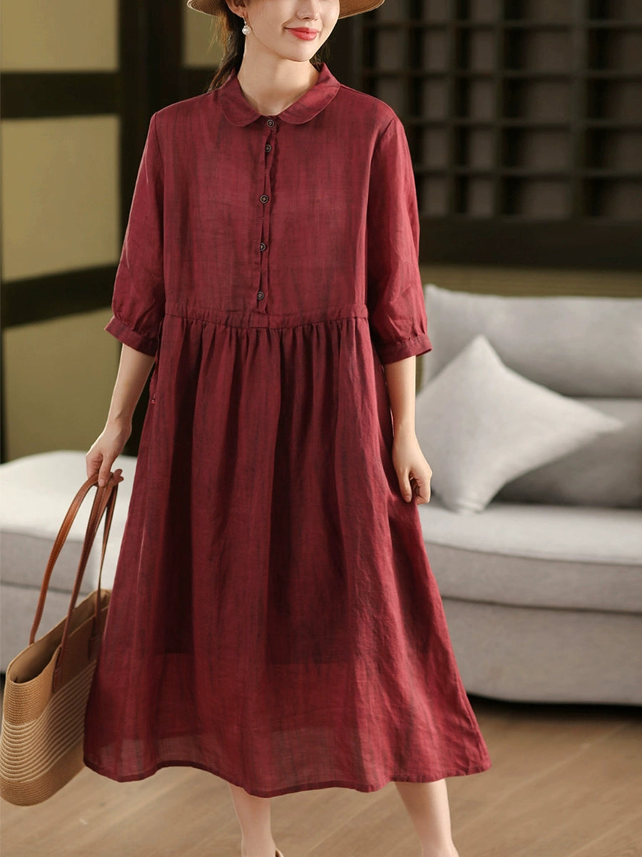 Women Summer Vintage Turn-down Collar 100%Ramie Dress