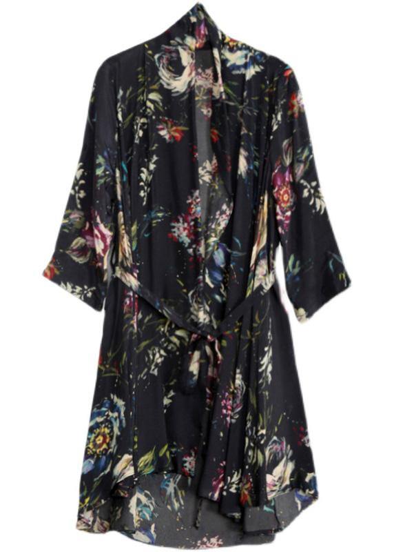 Organic Black Print Plus Size Clothes Tie Waist Cardigan Coat