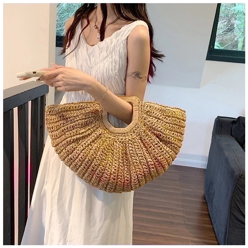 Women's Medium Straw Solid Color Streetwear Semicircle Open Straw Bag