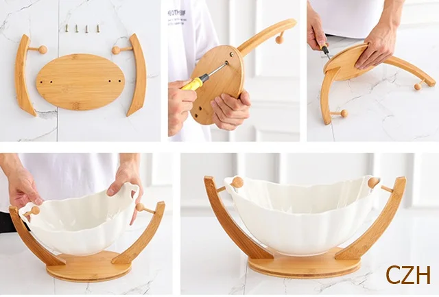 HANGING CERAMIC SALAD BOWL WITH BAMBOO STAND PORCELAIN FRUIT DESSERT TABLEWARE