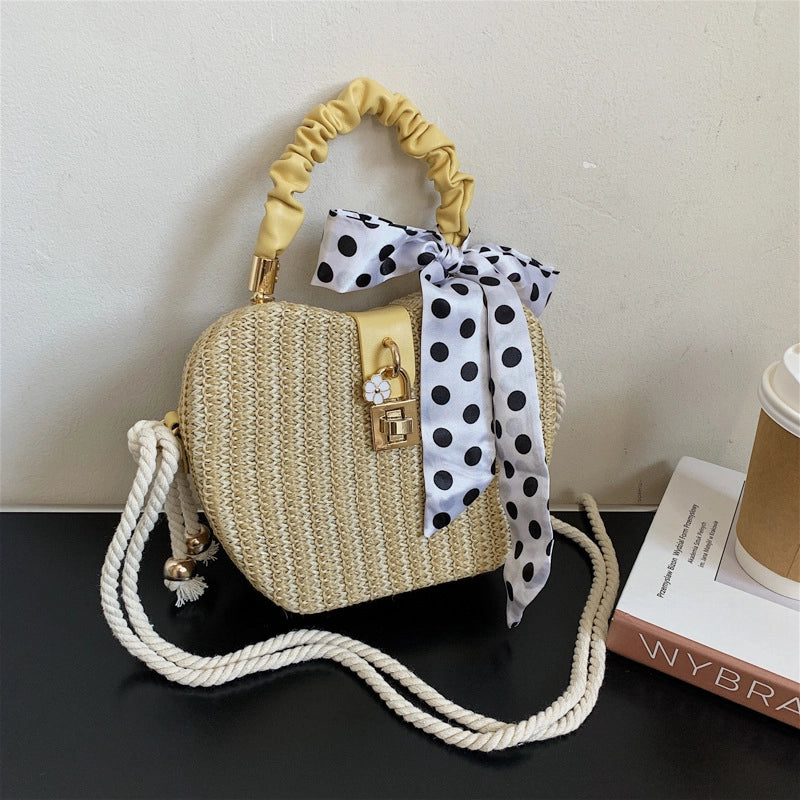 Women's Medium Straw Solid Color Vacation Beach Ribbon Weave Lock Clasp Straw Bag