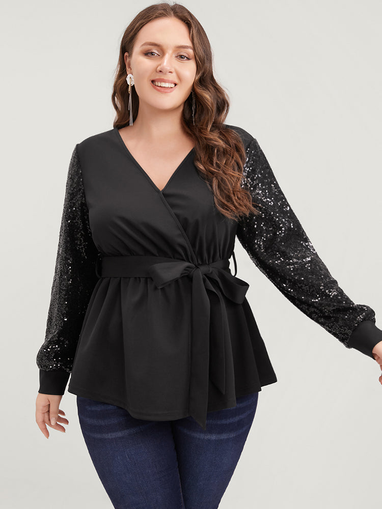 Solid Sequin Belted Surplice Neck Blouse