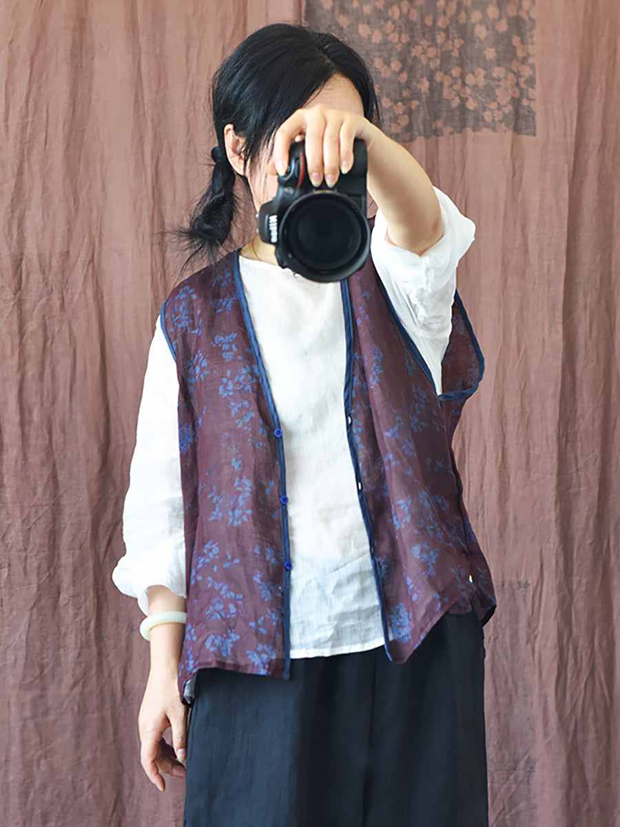 Women Vintage Floral Print Ramie Vest