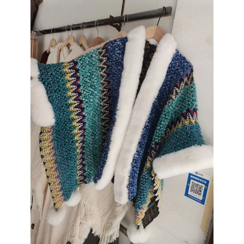 Women's Minimalist Classic Style Color Block Knit Patchwork Shawl